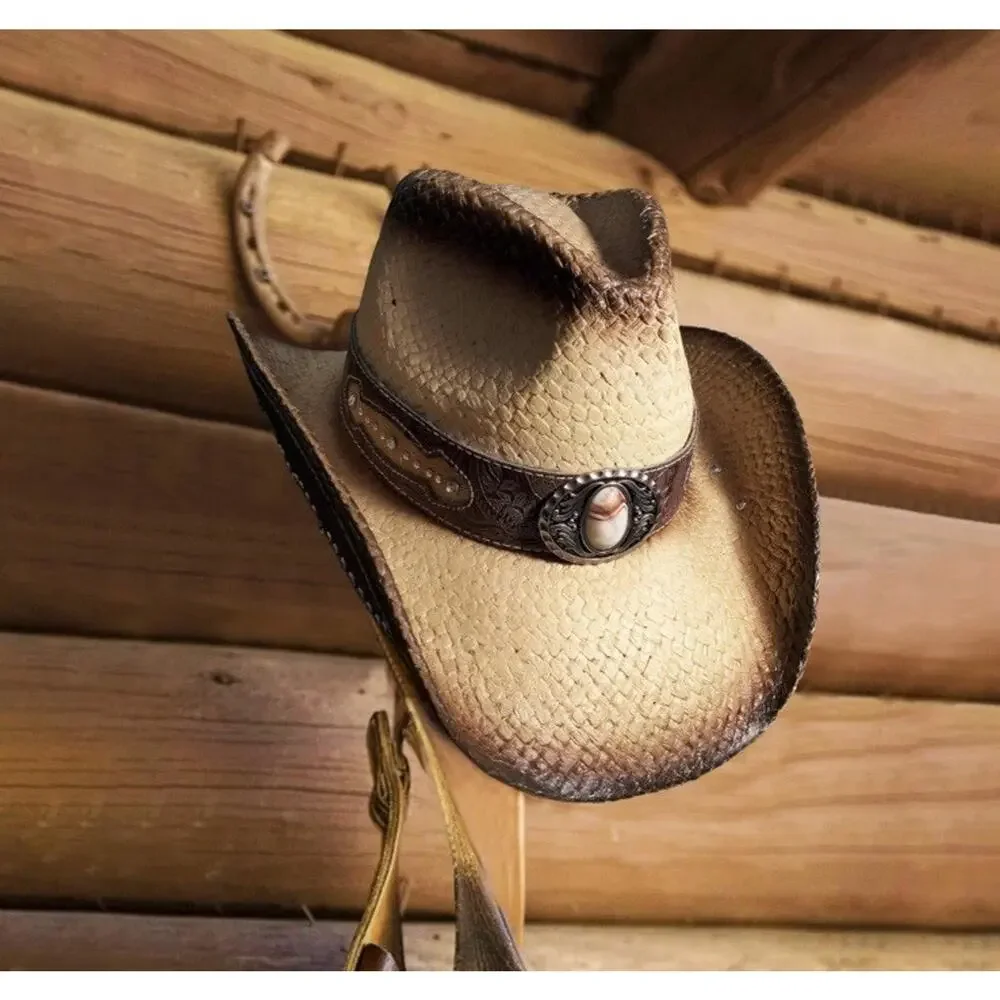 Cowboy Hats for Women and Men Straw Western Hat Embroidered Medium-Large Tan